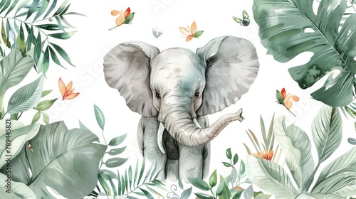 Colorful watercolor painting of an elephant in a tropical setting. Perfect for nature lovers and wildlife enthusiasts