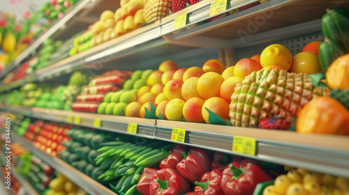 supermarket shelves with fruits and vegetables