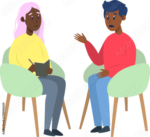 Psychotherapy session - black man talking to psychologist sitting on chair. Mental health concept, vector illustration in flat style