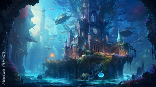 Fantasy landscape with a fantasy castle in the water. Illustration