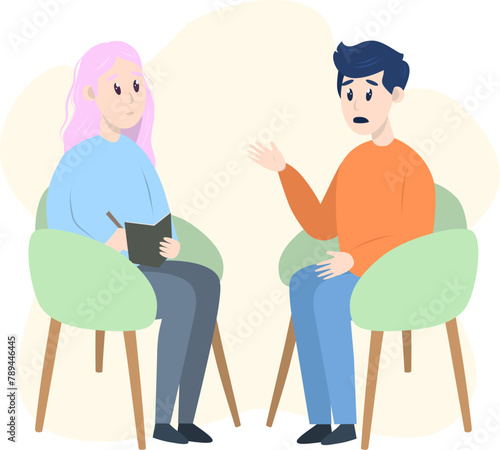 Psychotherapy session - man talking to psychologist sitting on chair. Mental health concept, vector illustration in flat style