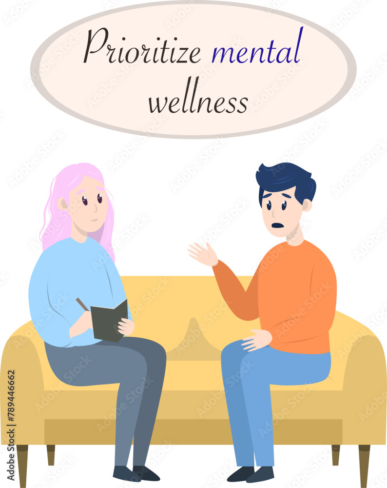 Postcard with Psychotherapy session - man talking to psychologist sitting on sofa. Mental health concept, vector illustration in flat style Postcard with Psychotherapy session - man talking to psychologist sitting on sofa. Mental health concept, vector illustration in flat style