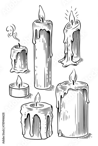 Candle hand drawn set. Engraving style