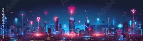 Panoramic view of an illuminated smart cityscape with neon connectivity and technology icons representing a networked urban environment.