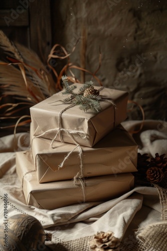 A pile of wrapped presents on a table, perfect for holiday concepts