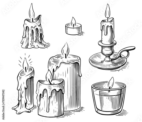Candle hand drawn set. Engraving style