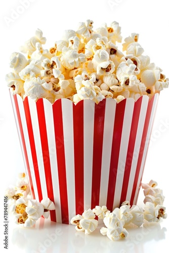 Fresh popcorn in a red and white striped bowl, perfect for movie nights or snack advertising