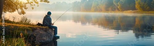 Man sitting on a rock fishing in a lake. Banner