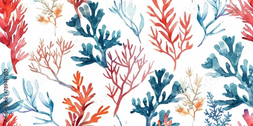 A watercolor painting of vibrant corals and seaweed, perfect for marine themed designs