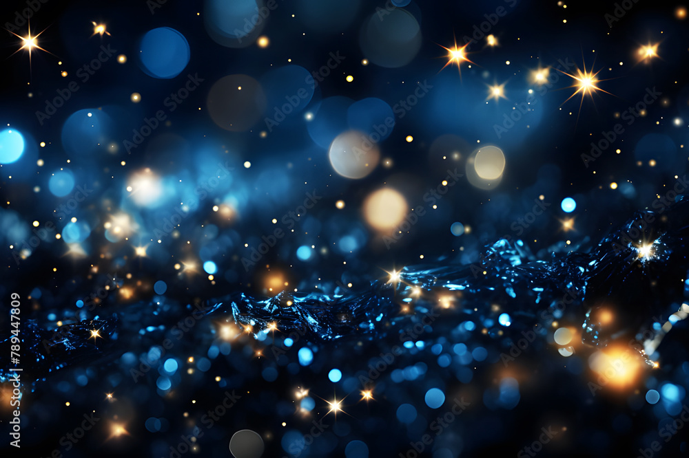 Holographic blue backlight falling in at night on blur black background. Beautiful effect light sparkling meteors. Realistic clipart template pattern. Abstract Texture Background.