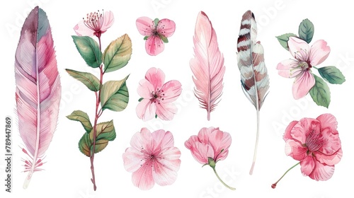 Beautiful watercolor flowers and feathers  perfect for various design projects