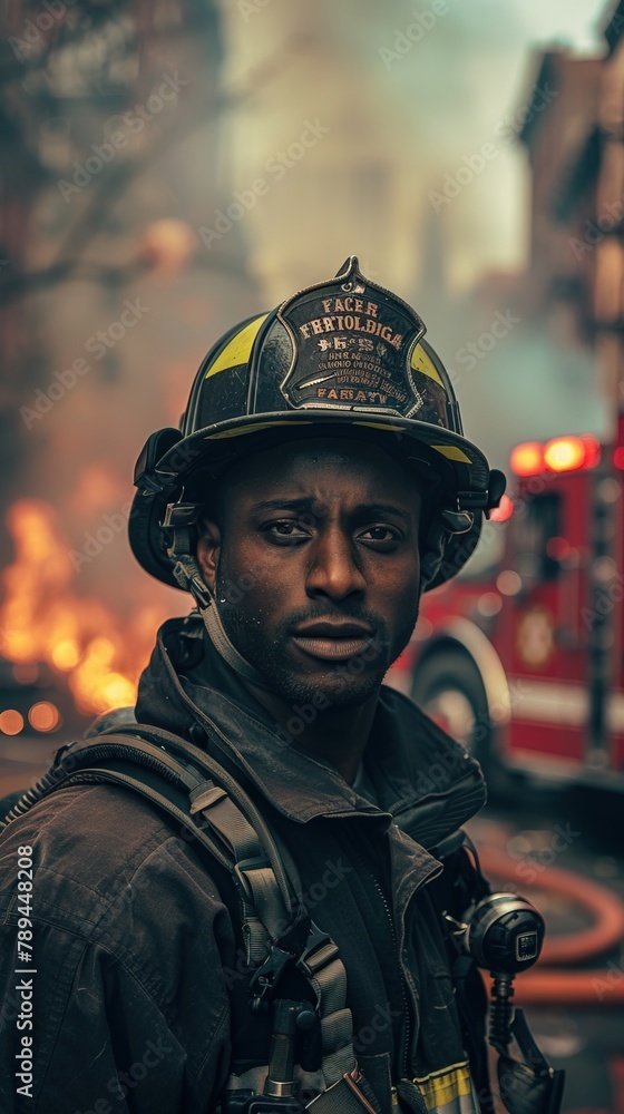 An African American firefighter, in the background a fire truck and burning building. An African American firefighter, in the background a fire truck and burning building.