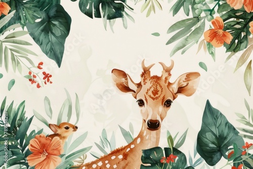 A beautiful painting of a deer and a baby deer surrounded by leaves and flowers. Perfect for nature lovers and wildlife enthusiasts