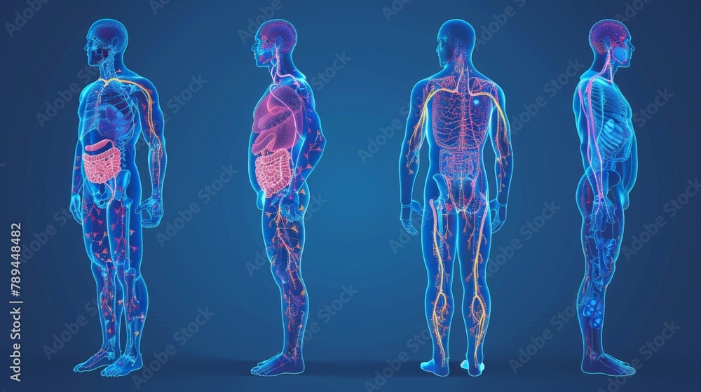 Animated illustration of man body and male anatomy. Front, back and side views. Linear colored silhouette of man. Modern illustration. Animated illustration of man body and male anatomy. Front, back and side views. Linear colored silhouette of man. Modern illustration.
