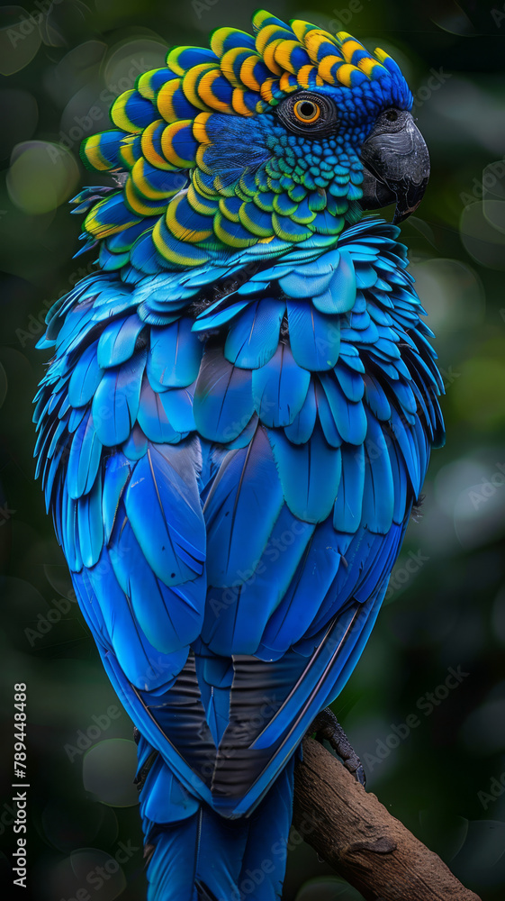 Obraz premium An exotic bird, blue feathers, with bright green circles on the feathers, it is very colorful and is in nature,generative ai