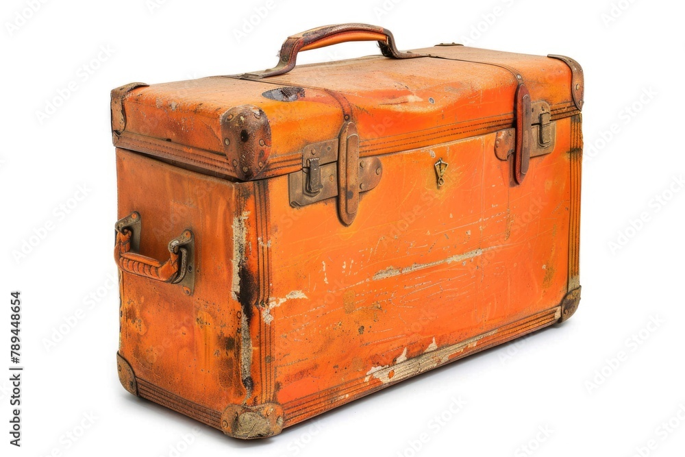 Old orange suitcase on white background, suitable for travel concepts Old orange suitcase on white background, suitable for travel concepts