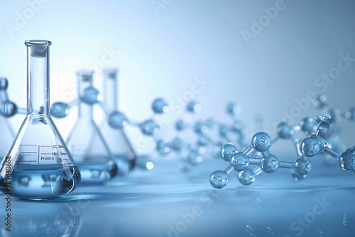 Transparent glass flasks, chemical molecules, a sense of scientific technology.  Lab, research, business tech concept.