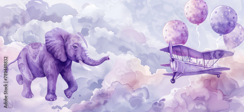 A painting featuring an elephant and a plane in the sky. Suitable for educational materials or travel brochures