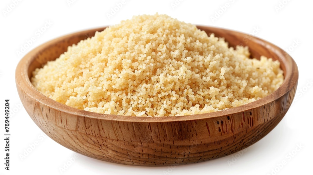 A wooden bowl filled with rice on a white surface. Suitable for food and cooking concepts A wooden bowl filled with rice on a white surface. Suitable for food and cooking concepts