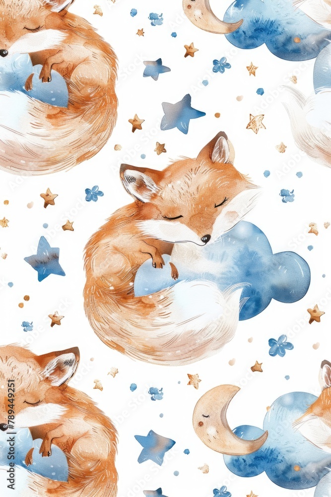 Naklejka premium A peaceful watercolor painting of a fox sleeping on a fluffy cloud. Perfect for children's book illustrations
