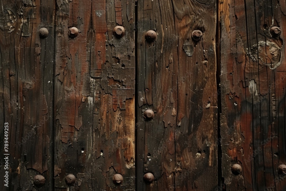Detailed shot of a wooden door with metal rivets. Suitable for architectural or industrial themes