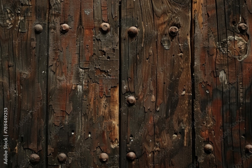 Detailed shot of a wooden door with metal rivets. Suitable for architectural or industrial themes Detailed shot of a wooden door with metal rivets. Suitable for architectural or industrial themes