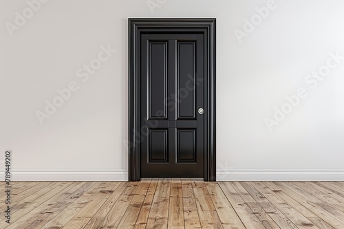 Room with black door and white wall. 