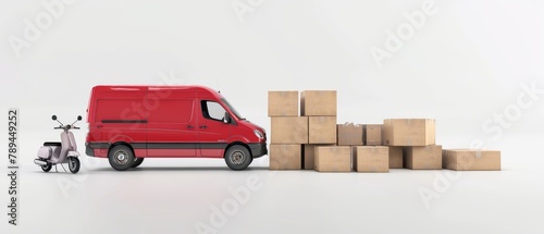 White background with delivery vans and scooters carrying paper boxes. 3D rendering.