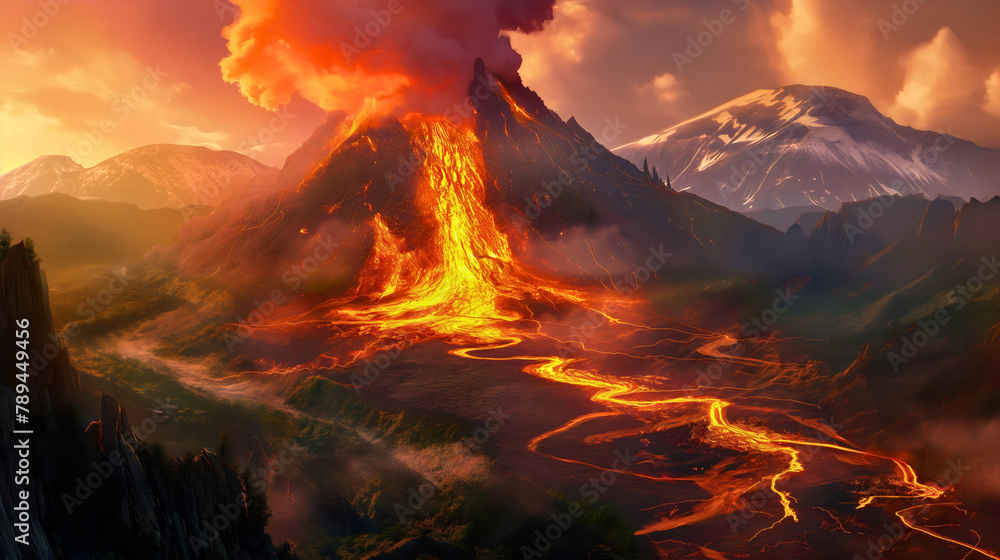 Active volcano eruption, lava flow, fire and smoke on mountain and forest wild landscape scene. Hot red or orange magma explosion, dangerous natural disaster, sunset sky, geology valley explosion