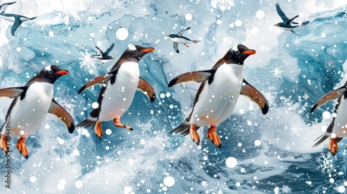 Group of penguins swimming in the ocean, suitable for wildlife and nature themes