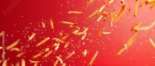 The bacon rains down on a red background. A creative idea. A minimalist concept. 3D rendering.
