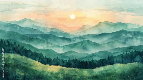 Watercolor painting of a serene sunrise over layered misty mountains with a lush green foreground.