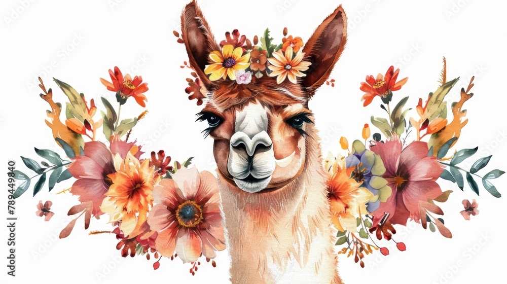 Fototapeta premium A llama wearing a beautiful flower crown. Perfect for nature and animal lovers