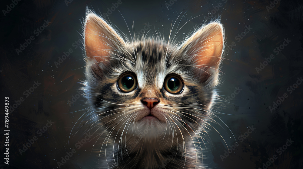 A cute kitten with big eyes in the style of the digital art.