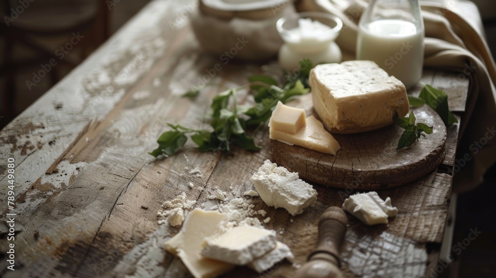 Fresh cheese and milk on a wooden cutting board, suitable for food and dairy product concepts