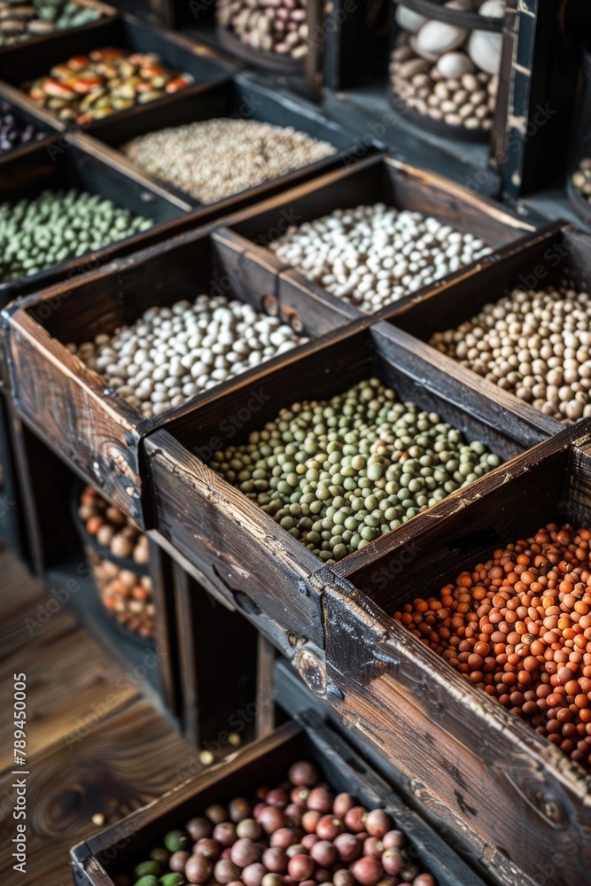 Various types of beans stored in rustic wooden boxes. Ideal for food and agriculture concepts