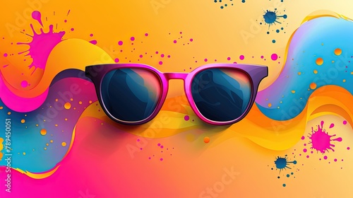 Abstract design with sunglasses and colorful splashing shapes.