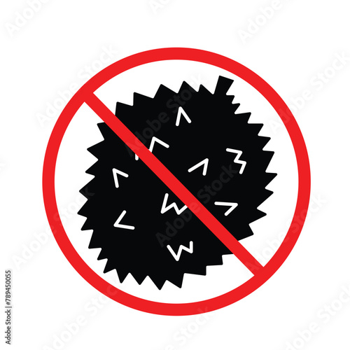 No durians. Fruit with strong potent smell not allowed illustration icon sign with red cross isolated on square white background. Simple flat signage drawing.