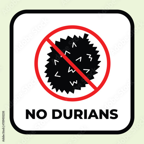 No durians. Fruit with strong potent smell not allowed illustration icon sign with red cross isolated on square white background. Simple flat signage drawing.