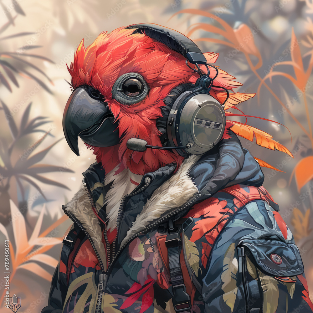 Fototapeta premium a gamer with a tropical bird head, facing left, headphones,generative ai