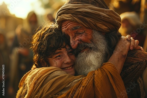 Father embracing his son, Bible story of the prodigal son. photo