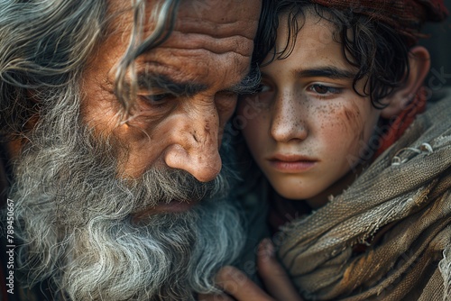 Abraham with his son Isaac, biblical characters.  © Bargais