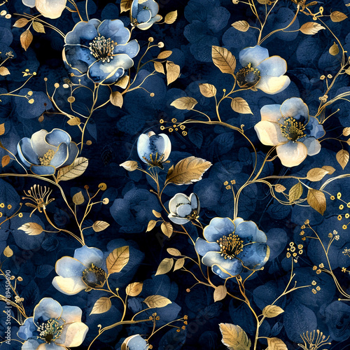 Botanicalinspired blue pattern with gold floral elements ,seamless pattern,