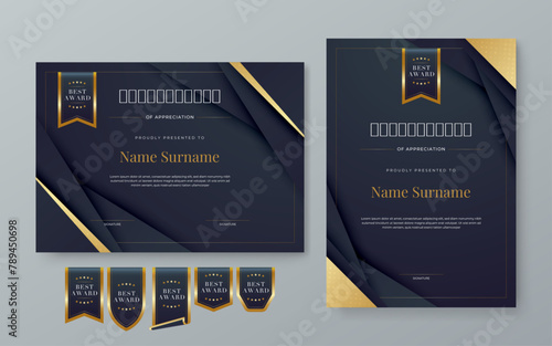 Black and gold certificate of appreciation border template with luxury badge and modern line and shapes. Certificate of achievement, awards diploma, education, school