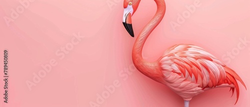 Atop a pink background, a flamingo is floating. A rendering in 3D