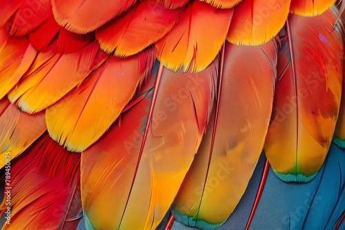 Colorful feathers of scarlet birds with red yellow orange and blue shades, exotic nature background and texture. generative ai