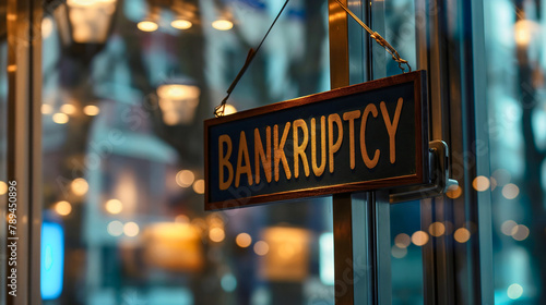 Small cafeteria shop business closed because of bankruptcy, sign hanging on the glass entrance door window outside exterior view outdoors. Financial loss, crisis, empty, restaurant shutdown