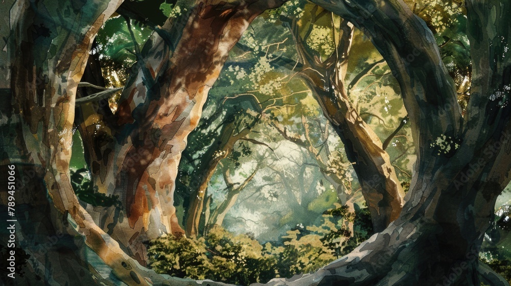 A painting of a forest filled with lots of trees. Suitable for nature themes A painting of a forest filled with lots of trees. Suitable for nature themes