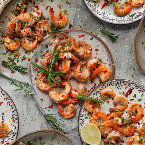 A table with plates of shrimp and lemon wedges, perfect for seafood lovers