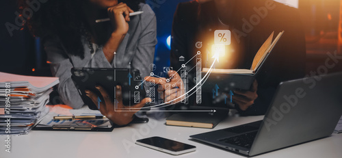 Business development to success and growing growth concept, graph with percentage sign and arrow up, represent in meanings of interest rate increase, performance, sales, percent growth.